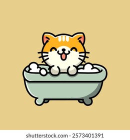 cute orange cat smiling happily because of bathing, vector illustration design.