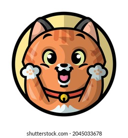 A CUTE ORANGE CAT IS SMILING AND RAISING HIS HANDS. CARTOON MASCOT.