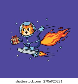 Eine süße orangefarbene Katze im Raumanzug reitet auf einem Raketenbrett und liefert ein Geschenk mit feurigem Schwanz.