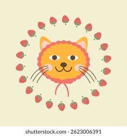 cute orange cat strawberry illustration