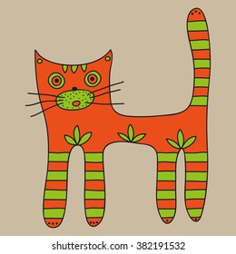 Cute orange cat with striped paws and tail on a beige background. Vector illustration