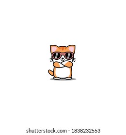 Cute orange cat with sunglasses crossing arms cartoon, vector illustration