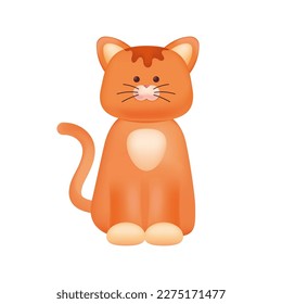 Cute orange cat toy for children 3D illustration. Cartoon drawing of adorable kitten or pet in 3D style on white background. Nature, domestic animals, childhood concept