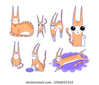 Cute orange cat in various emotions and poses. Cheerful pet animal in cartoon style, vector illustration collection. Ideal for stickers, patches, print, for fabric, social media post, packaging.