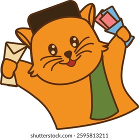 Cute Orange Cat Wearing a Black Cap and Sarong Sash Holding Money and THR Envelope for Ramadan Illustration