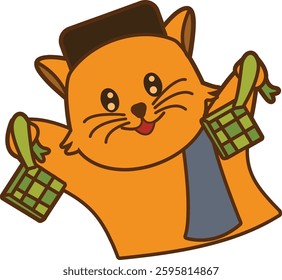 Cute Orange Cat Wearing a Black Cap and Sarong Sash Holding Two Ketupat Joyfully illustration