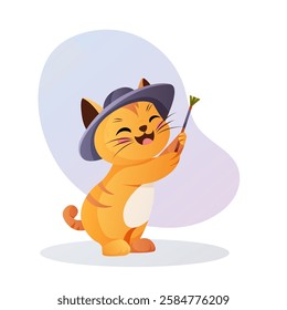 A cute orange cat wearing a hat happily holds a paintbrush, ready for a creative process. Bright vector illustration.  
