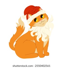 Cute orange cat wearing santa hat. Merry Christmas and Happy New Year. Vector flat cartoon illustration for stickers and prints on white background