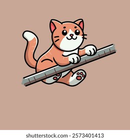 Cute orange cat while trying to climb a wooden branch, vector illustration design.