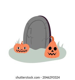 Cute orange cat with witch's hat and broom. Halloween vector illustration