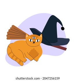 Cute orange cat with witch's hat and broom. Halloween vector illustration