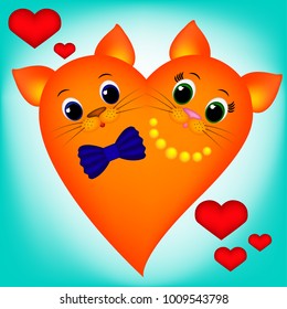 Cute orange Cat-Heart on blue background, girl and boy