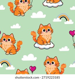 Gatos alaranjados bonitos em nuvens com arco-íris padrão sem emenda