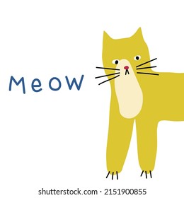 Cute orange cat's portrait with a quote "meow" on white background . Simple and stylish hand-drawn print.