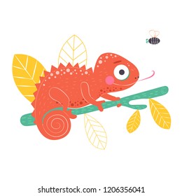 Cute orange chameleon sitting on the green branch with light yellow leaves on background, vector illustration. Art poster for nursery or kids room poster