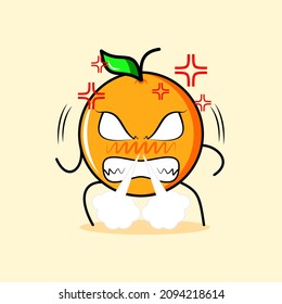 cute orange character with angry expression. nose blowing smoke, eyes bulging and grinning. suitable for emoticon, logo, mascot
