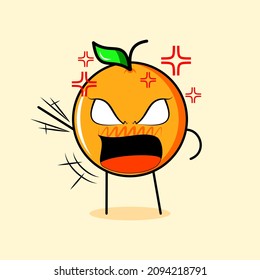 süßer orangefarbener Charakter mit wütendem Ausdruck. geeignet für Emotionen, Logo, Maskottchen. eine Hand hoch, Augenwunden und weit offen