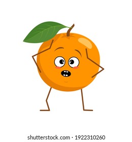 Cute orange character with emotions in a panic grabs his head isolated on white background. The funny or sad hero, orange fruit and vegetable. Vector flat illustration