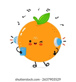 A cute orange character with headphones listening to music, holding a smartphone, and enjoying the tunes. Musical notes float around.