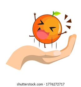 Cute Orange character jumps on the hand isolated on white background. Orange character emoticon illustration