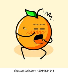 cute orange character with leaf, afraid expression, close eyes and sit down. cartoon, emoticon, modern, fresh, outline and mascot logotype. suitable for logo, icon and sign