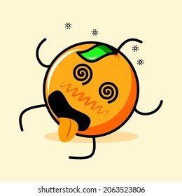 cute orange character with leaf, dizzy expression, close eyes, mouth sticking out tongue and tired. cartoon, emoticon, modern, fresh, outline and mascot logotype. suitable for logo, icon and sign