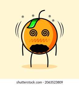 cute orange character with leaf, dizzy expression, mouth open and tired. cartoon, emoticon, modern, fresh, outline and mascot logotype. suitable for logo, icon and sign