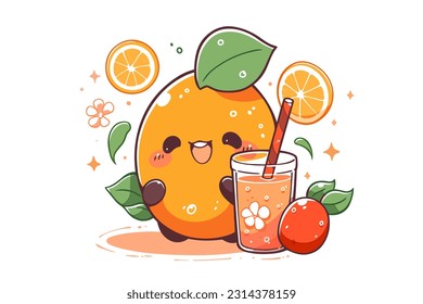 A cute orange character with a smiling face with a glass of freshly squeezed juice