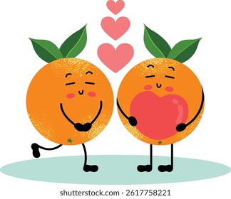 Cute Orange Characters in Love with Floating Hearts
