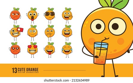 Cute Orange characters set for fruit juice shop and delivery, Orange emoticons facial expression for social post and reaction, Fresh fruits cartoon vector design