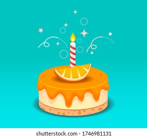 cute orange, citrus cake with sliced orange topping and candle for special occasion, birthday. Vector