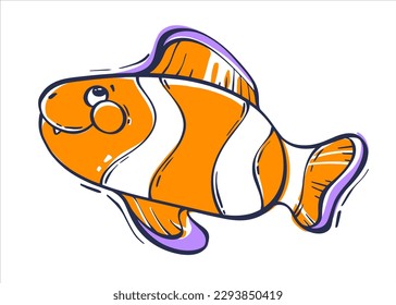 Cute orange clown fish. Sea fish on an isolated white background. Children's marine print. Vector illustration in doodle style.