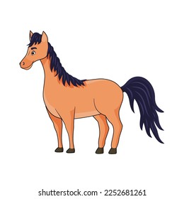 Cute orange color horse with blue hair in cartoon style on a white background. isolated. Happy herbivore. Nature. On horseback.