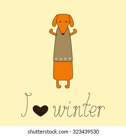 Cute orange colored brown contoured dachshund standing on hind legs with dissolved forelegs in beige waistcoat decorated with snowflakes and calligraphic lettering I love winter with heart