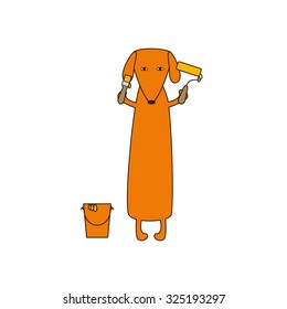 Cute orange colored brown contoured dachshund standing on hind legs with dissolved forelegs, holding paint brush and roller, paint bucket near it. Flat style illustration