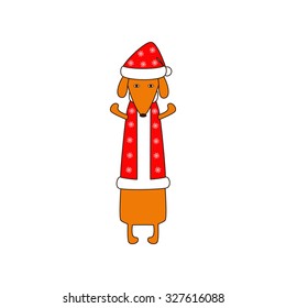 Cute orange colored brown contoured dachshund standing on hind legs with dissolved forelegs in Christmas suit, red coat and hat decorated with snowflakes. Vector flat style illustration