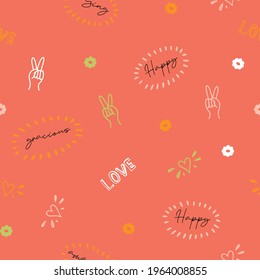 Cute orange conversational seamless pattern print with doodle flowers, thought bubble, positive quotes and slogans for fabric, textile, tshirt, packaging and wrapping