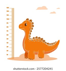 cute orange dino measures height. Growth lines with funny animals, gradual child maturation, cute  dinosaur, vector poster