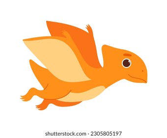 Cute orange dinosaur. Adorable monster with wings. Wild life, fauna and zoology, BC era. Template, layout and mock up. Cartoon flat vector illustration isolated on white background