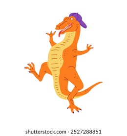 Cute orange dinosaur in baseball cap dancing. Cartoon funny crocodile have fun on disco party. Music animal entertainment. Vector illustration isolated on white