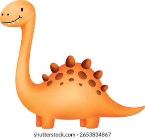 Cute Orange Dinosaur Cartoon. Happy Brontosaurus with Spikes Smiling. Friendly Prehistoric Creature for Kids Design; Prints; Decor. Isolated Vector Illustration