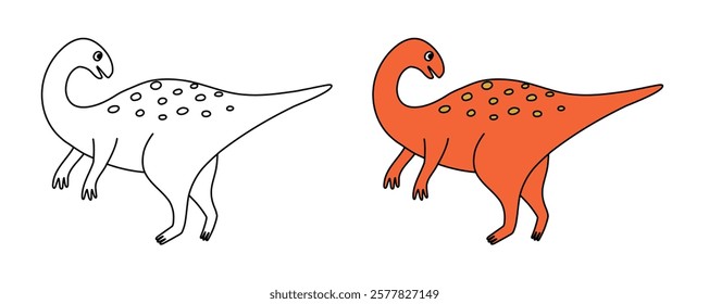 Cute orange dinosaur character. Editable stroke. Coloring page template. Design element for print, greeting card, invitation, book. Isolated vector illustration