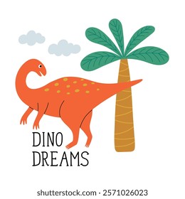 Cute orange dinosaur character with hand drawn text Dino Dreams. Design element for print, greeting card, invitation, book. Isolated vector illustration