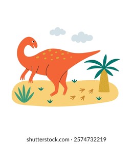 Cute orange dinosaur character, palm tree and plants design. Template for print, greeting card, invitation, book. Isolated vector illustration