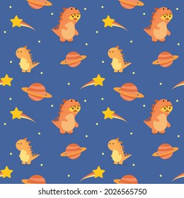 süßer orangefarbener Dinosaurier, der mit Saturn im Raum fliegt, und Stern um ein nahtloses, niedliches Muster