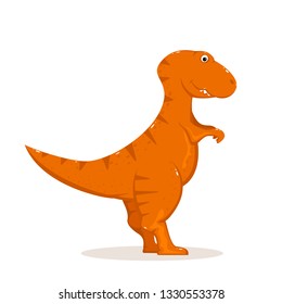 Cute orange dinosaur isolated on white background. Funny cartoon tyrannosaur, illustration.