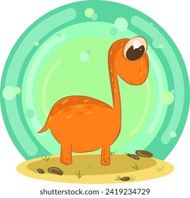 Cute orange dinosaur with light colored spots and big eyes stands on yellow sand with brown rocks and grass. Diplodocus. Round green background of several colors with highlights.