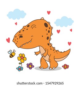 Cute Orange Dinosaur play with bee and flower. vector illustration