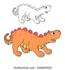 Cute orange dinosaur is playing on the white background, children`s coloring book, page, funny dino, vector line art, black color outline, kid`s illustration
