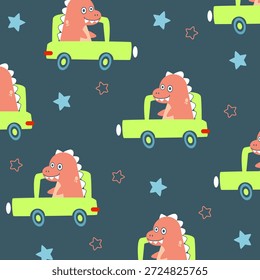 süße orange Dinosaurier T-Rex Laufwerk Autos nahtlose Muster Vektor Design für Kinder Kleidung Fullprint Stoff. Dieses Design eignet sich für Kinderbekleidung Textilindustrie